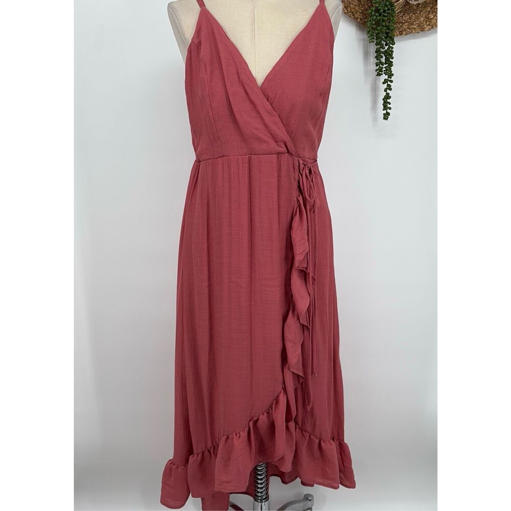 Yarn & Sea Wrap‎ Ruffle Stretch MIDI Dress Pink Large Cowgirl Country Ranch L